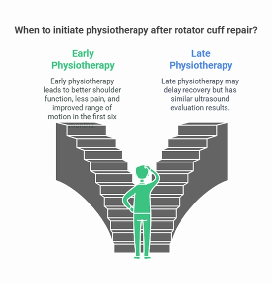 Early versus late physiotherapy following arthroscopic repair of small and medium size rotator cuff tear  {faces}